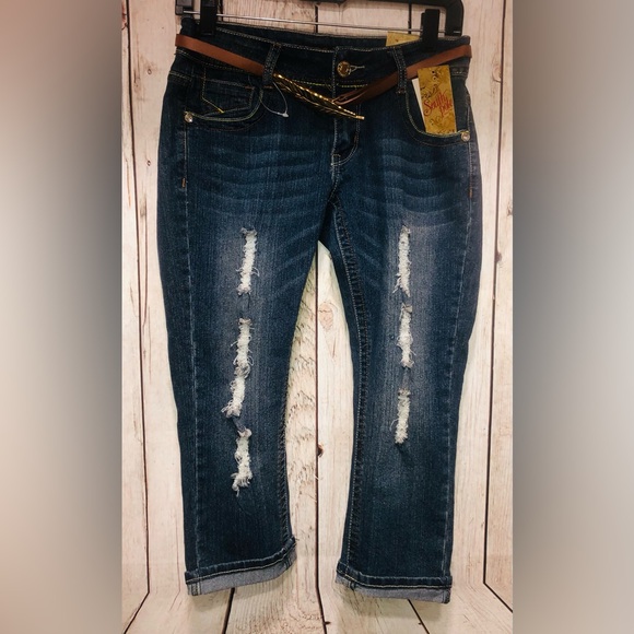 South Pole Stretch Juniors Size 5 Cuffed Denim Capris Feather Pocket Design - Picture 10 of 12